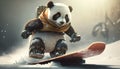 A little brave panda is riding a snowboard. Generative AI