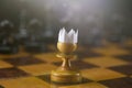 Little brave pawn wearing artificial paper crown suit on chessboard with figures, business entrepreneur leadership concept