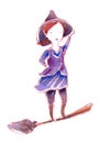 Little brave witch standing on flying broom