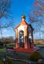 Little brick chapel with bells in Brest Fortress, Belarus