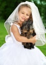 Little bridesmaid with cute dog Royalty Free Stock Photo