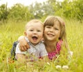 Little brother and sister playing on the nature Royalty Free Stock Photo