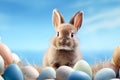 Little brown Bunny with Easter Eggs, nature sky background, Easter greeting card