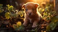Little brown puppy illuminated by a ray of sunshine