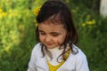 little girl with a basket in which the ducklings in daisies Royalty Free Stock Photo