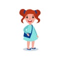 Little brunette girl in casual outfit blue polka-dot dress and cross body handbag. Cartoon kid character with happy face Royalty Free Stock Photo