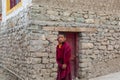 Little Buddhist monk lama in traditional robe at Tibetan Hemis monastery in Leh, Ladakh, Jammu and Kashmir