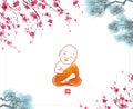 Little buddist monk in orange robe under sakura blooming tree and pine tree branches. Traditional oriental ink painting