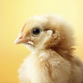 Little Buff Orpington chick against a yellow background with room for copy space