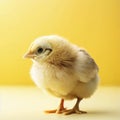 Little Buff Orpington chick against a yellow background with room for copy space