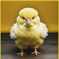 Little Buff Orpington chick against a yellow background with room for copy space