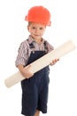 Little builder with blueprint Royalty Free Stock Photo