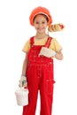 Little builder in coveralls with paintroller Royalty Free Stock Photo