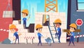 Little builders. Boys funny making professional job construction helmet vector background