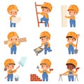 Little builders. Childrens with construction tools making job working builders in yellow helmet vector characters