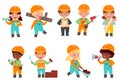 Little Builders Wearing Hard Hat with Construction Tools Executing Work Vector Set Royalty Free Stock Photo