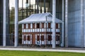 Little building in front of exhibition hall pinakothek der moderne at Munich, Germany