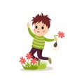 Bully kid flat character jumping on green lawn and treading flowers