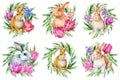 Little bunnies, isolated background, watercolor illustration, cute animal, easter bunny. Rabbit and flowers painting