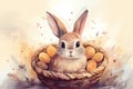 Little Bunny In Basket With Decorated Eggs - Easter Card. Generative AI Royalty Free Stock Photo