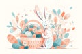 Little Bunny In Basket With Decorated Eggs - Easter Card. Generative AI Royalty Free Stock Photo