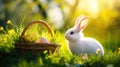 Little Bunny In Basket With Decorated Eggs - Easter Card. Generative AI Royalty Free Stock Photo