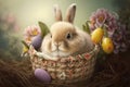 Little Bunny In Basket With Decorated Eggs - Easter Card Royalty Free Stock Photo