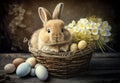 Little Bunny In Basket With Decorated Eggs - Easter Card Royalty Free Stock Photo