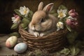 Little Bunny In Basket With Decorated Eggs - Easter Card Royalty Free Stock Photo