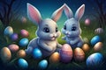 Little bunny with decorated Easter eggs on the grass. Futuristic technology concept in dark and blue light Royalty Free Stock Photo