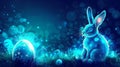 Little bunny with decorated Easter eggs on the grass at night Royalty Free Stock Photo