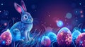 Little bunny with decorated Easter eggs on the grass at night Royalty Free Stock Photo