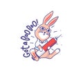The little bunny is a doctor with a syringe. Funny cartoonish rabbit