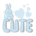 Little bunny. Hand drawn portrait rabbit with text Cute, blue hearts