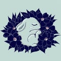 The little bunny sleeps in flowers. The silhouette in colors. Vector illustration