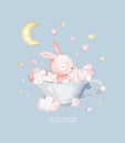 Little Bunny Takes Baths in a Cup. Cute watercolor cartoon hand drawn print can be used for t-shirt print, kids wear