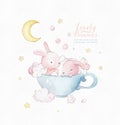 Little Bunny Takes Baths in a Cup. Cute watercolor cartoon hand drawn print can be used for t-shirt print, kids wear