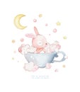 Little Bunny Takes Baths in a Cup. Moon and stars in the background. Can be used for baby t-shirt print, fashion print