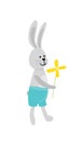 Little bunny. Young easter boy rabbit in blue shorts. Flat, cartoon, isolated