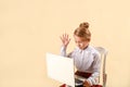 Little business girl write in notepad. Business style clothing, plaid skirt, white blouse. Work at the laptop. Emotional child, Royalty Free Stock Photo