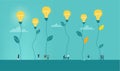 Little business people growing forest go light bulbs. Alternative energy. Collection of illustration with little business people