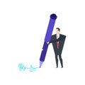 Little Businessman and Big Pen. Write signature for documents.