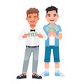 Little businessmen. Beautiful children with money in their hands. Two happy boys are holding dollar bills in their hand