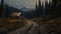Whistlerian Forestpunk: A Detailed Realism Speedpainting Of A Wooden Cabin On A Road