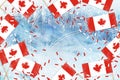 Little canadian flags and confetti on ice rink background with copy space. Congratulations to Canadian athletes on their victory