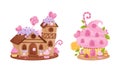 Little candy houses set. Lovely cottages made of sweets, biscuits and candies cartoon vector illustration