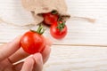 Little sack and red ripe tasty fresh cherry tomatos Royalty Free Stock Photo