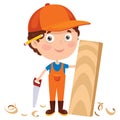 Little Cartoon Carpenter Working With Woods