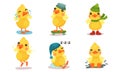 Little cartoon yellow humanized duckling. Vector illustration.