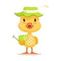 Little cartoon duckling wearing green hat standing and holding watering can, cute emoji character vector Illustration Royalty Free Stock Photo